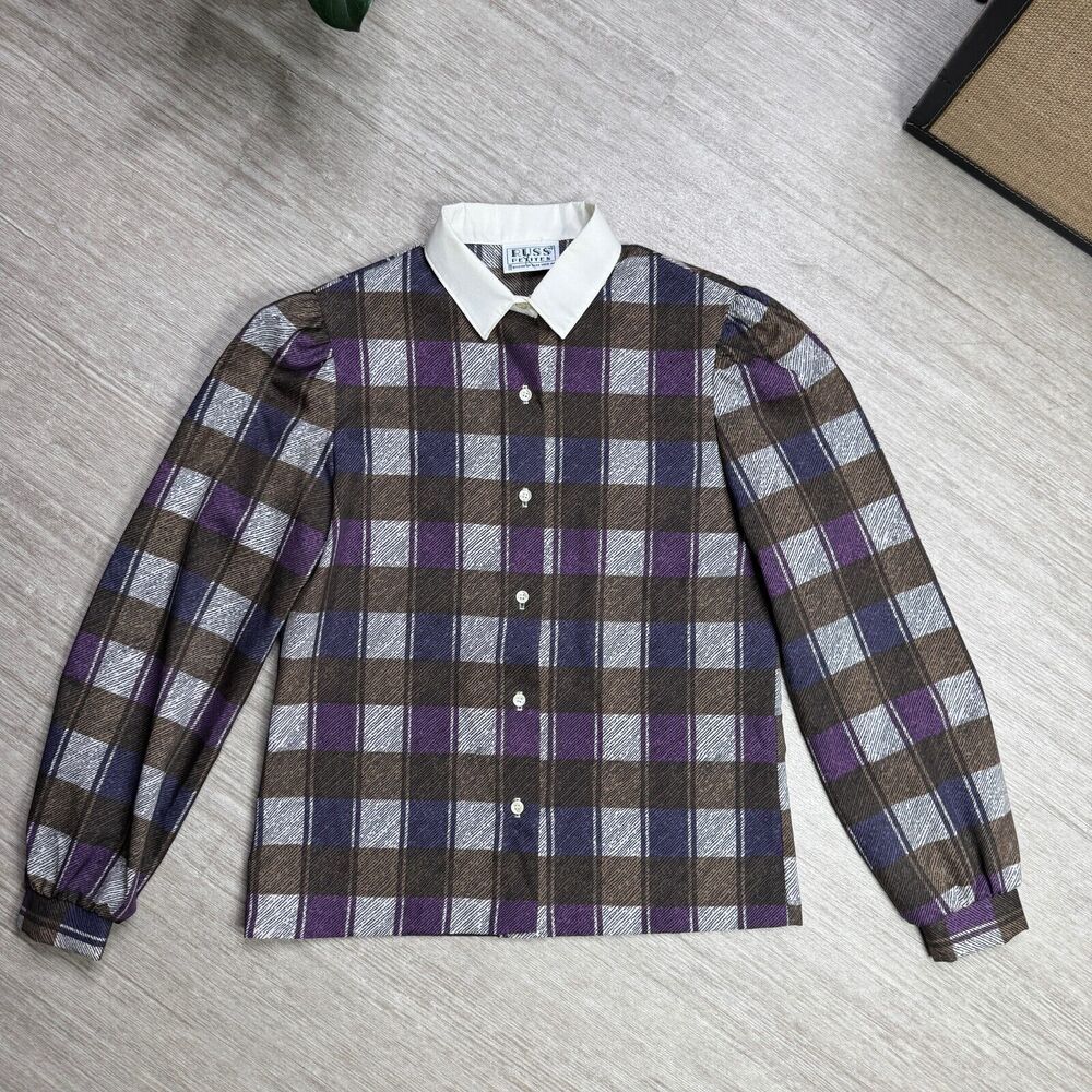 Vintage Women's Russ Petites 80s Button Up Preppy Plaid Purple M Long Sleeve